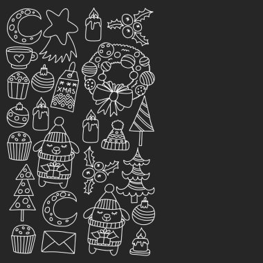 Hediyeler, Sevimli karikatür hayvanlar ile kağıt sarma için kış Noel vektör deseni. Yeni yıl kutlama.