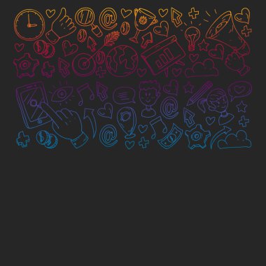 Dijital pazarlama, sosyal medya, iletişim, yönetim. Arka plan afiş için.