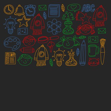 Posterler, afişler, kapaklar için okul simgelerine geri dönen vektör deseni.