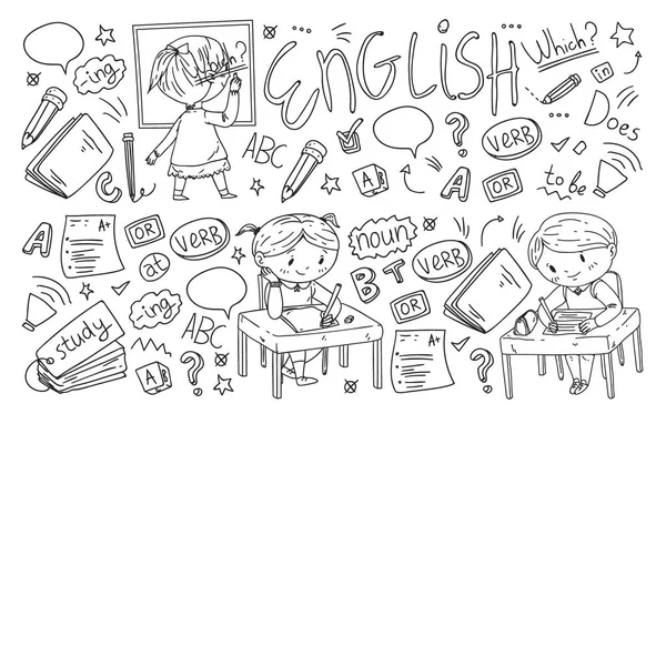 English school for children. Learn language. Education vector illustration. Kids drawing doodle style image. — Stock Vector