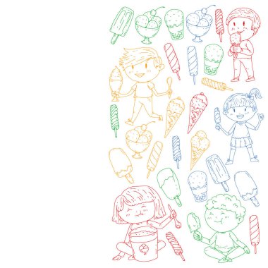 Küçük çocuklar dondurmayı yiyor. Yaz tatili. Tatlı meyve çöl.