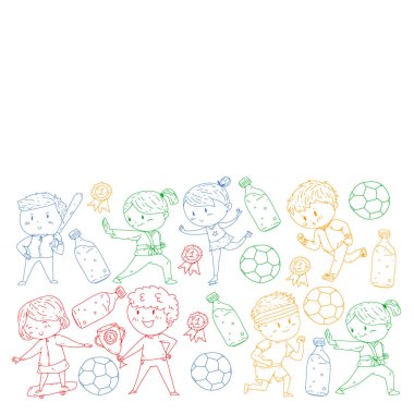 Çocuklar ve spor. Faaliyetlerin vektör illüstrasyonu. Futbol, futbol, koşu, dans, dövüş sanatları. Okulda ve anaokulunda sağlık.