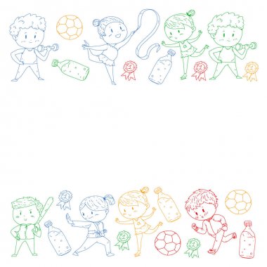 Çocuklar ve spor. Faaliyetlerin vektör illüstrasyonu. Futbol, futbol, koşu, dans, dövüş sanatları. Okulda ve anaokulunda sağlık.