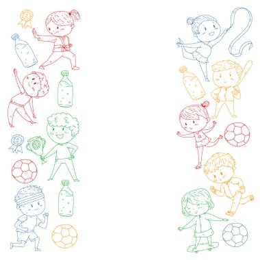 Çocuklar ve spor. Faaliyetlerin vektör illüstrasyonu. Futbol, futbol, koşu, dans, dövüş sanatları. Okulda ve anaokulunda sağlık.
