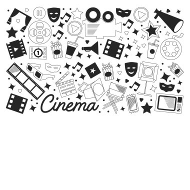 Sinema simgeleri ile vektör deseni. Sinema, Tv, patlamış mısır, video klipler, müzikal