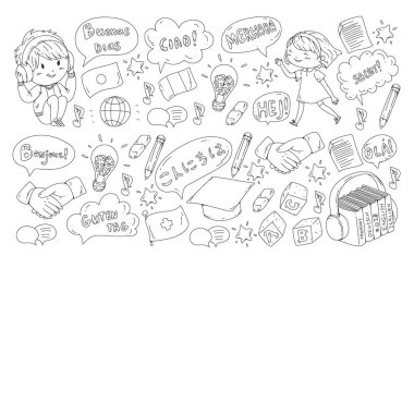 Dil sınıfı için vektör deseni, çevrimiçi kurslar. İngilizce, Arapça, İtalyanca, Japonca, İspanyolca, Çince, Almanca.