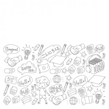 Dil sınıfı için vektör deseni, çevrimiçi kurslar. İngilizce, Arapça, İtalyanca, Japonca, İspanyolca, Çince, Almanca.