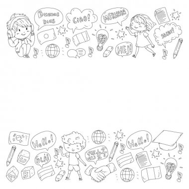 Dil sınıfı için vektör deseni, çevrimiçi kurslar. İngilizce, Arapça, İtalyanca, Japonca, İspanyolca, Çince, Almanca.