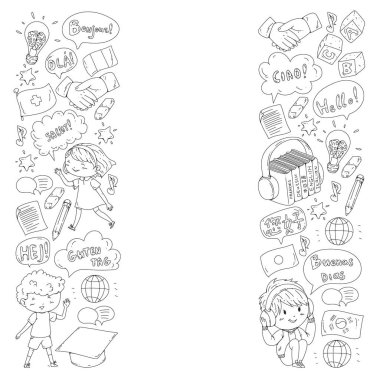 Dil sınıfı için vektör deseni, çevrimiçi kurslar. İngilizce, Arapça, İtalyanca, Japonca, İspanyolca, Çince, Almanca.