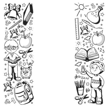 Okula geri dön. Simgeler ve alt larla vektör deseni.