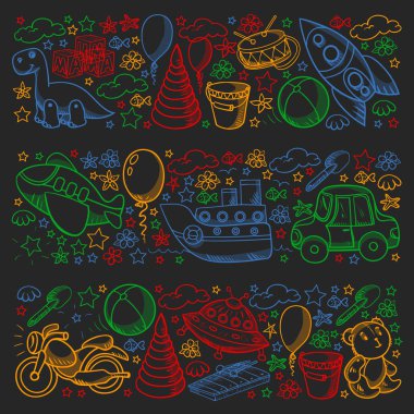 Oyuncak seti. Vektör düz çizgi film çizimi. Tahta ve plastik oyuncaklar, eğlence ve aktivite. Anaokulu, kreş..