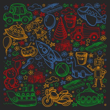 Oyuncak seti. Vektör düz çizgi film çizimi. Tahta ve plastik oyuncaklar, eğlence ve aktivite. Anaokulu, kreş..