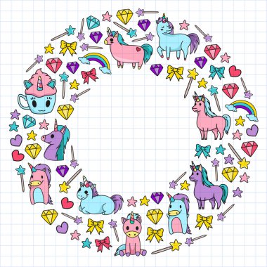 Çocuk giysileri, posterler, afişler, gömlekler için masal unicors ile Çocuk desen. Çizgi film karakteri ile vektör görüntüsü.