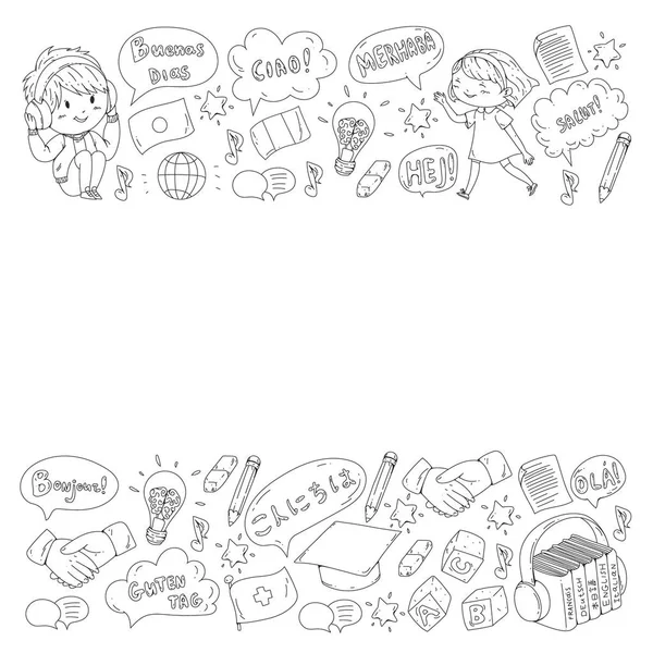 Dil sınıfı için vektör deseni, çevrimiçi kurslar. İngilizce, Arapça, İtalyanca, Japonca, İspanyolca, Çince, Almanca.