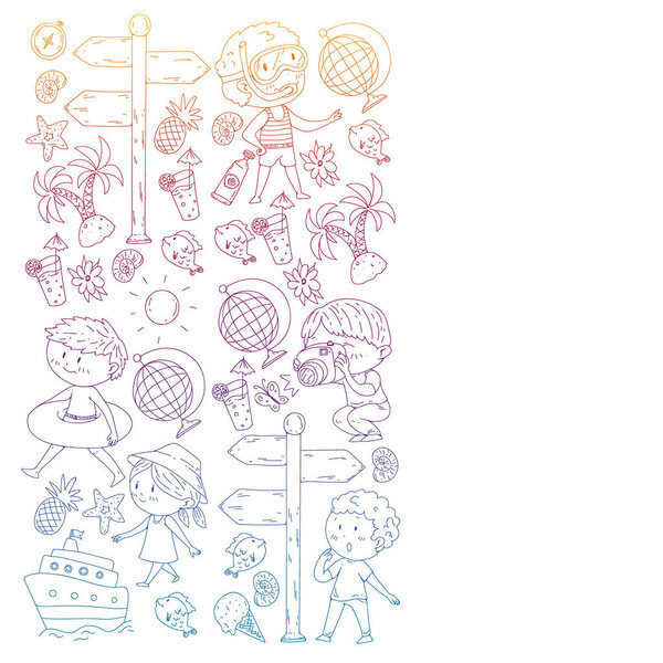 Set of summer icons with children. Kids swim with swimming mask and flippers, inflatable ring, sunbathe on the beach, take photos.