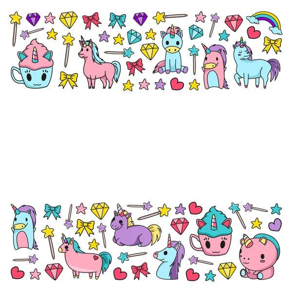 Patrón infantil con unicores de cuento de hadas para niños ropa, carteles, pancartas, camisas. Imagen vectorial con personaje de dibujos animados . — Vector de stock