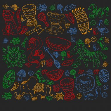Vektör Afrika elemanları ve çocuklar için hayvanlar giyim, moda, t-shirt. Zebra, maymun, leopar, Jaguar, kuş, fil ile çocuk duvar kağıdı