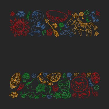 Vektör Afrika elemanları ve çocuklar için hayvanlar giyim, moda, t-shirt. Zebra, maymun, leopar, Jaguar, kuş, fil ile çocuk duvar kağıdı