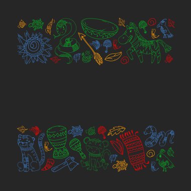 Vektör Afrika elemanları ve çocuklar için hayvanlar giyim, moda, t-shirt. Zebra, maymun, leopar, Jaguar, kuş, fil ile çocuk duvar kağıdı