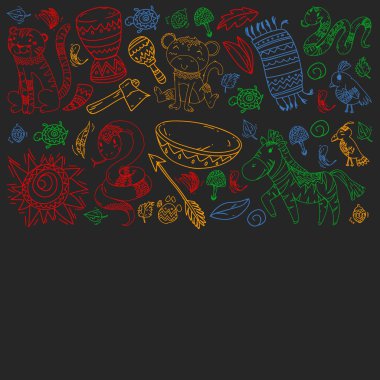 Vektör Afrika elemanları ve çocuklar için hayvanlar giyim, moda, t-shirt. Zebra, maymun, leopar, Jaguar, kuş, fil ile çocuk duvar kağıdı