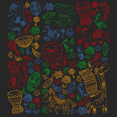 Vektör Afrika elemanları ve çocuklar için hayvanlar giyim, moda, t-shirt. Zebra, maymun, leopar, Jaguar, kuş, fil ile çocuk duvar kağıdı