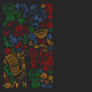 Vektör Afrika elemanları ve çocuklar için hayvanlar giyim, moda, t-shirt. Zebra, maymun, leopar, Jaguar, kuş, fil ile çocuk duvar kağıdı