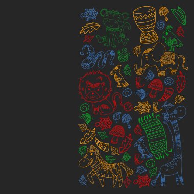 Vektör Afrika elemanları ve çocuklar için hayvanlar giyim, moda, t-shirt. Zebra, maymun, leopar, Jaguar, kuş, fil ile çocuk duvar kağıdı