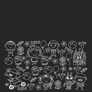 Sevimli küçük çocuklar oynar. Anaokulu, eğitim, spor. Desenler, afişler, posterler için çocuk ve oyuncaklar Simgeleri.