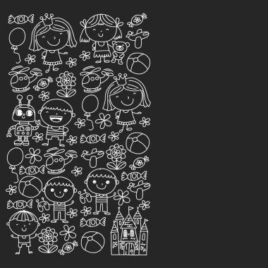 Sevimli küçük çocuklar oynar. Anaokulu, eğitim, spor. Desenler, afişler, posterler için çocuk ve oyuncaklar Simgeleri.