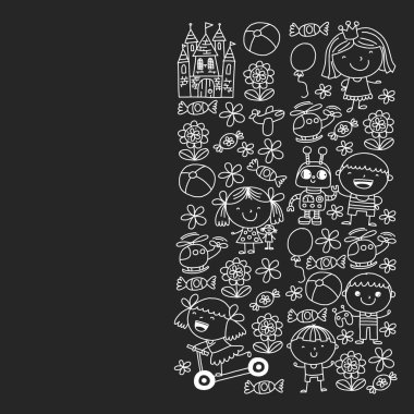 Sevimli küçük çocuklar oynar. Anaokulu, eğitim, spor. Desenler, afişler, posterler için çocuk ve oyuncaklar Simgeleri.