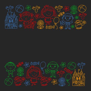 Sevimli küçük çocuklar oynar. Anaokulu, eğitim, spor. Desenler, afişler, posterler için çocuk ve oyuncaklar Simgeleri.