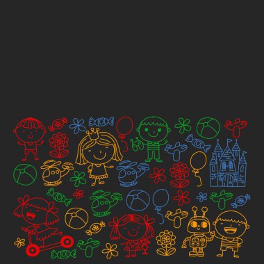 Sevimli küçük çocuklar oynar. Anaokulu, eğitim, spor. Desenler, afişler, posterler için çocuk ve oyuncaklar Simgeleri.