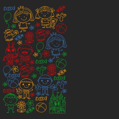 Sevimli küçük çocuklar oynar. Anaokulu, eğitim, spor. Desenler, afişler, posterler için çocuk ve oyuncaklar Simgeleri.