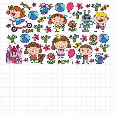 Sevimli küçük çocuklar oynar. Anaokulu, eğitim, spor. Desenler, afişler, posterler için çocuk ve oyuncaklar Simgeleri.