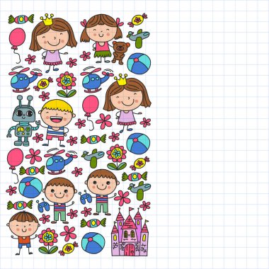 Sevimli küçük çocuklar oynar. Anaokulu, eğitim, spor. Desenler, afişler, posterler için çocuk ve oyuncaklar Simgeleri.