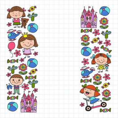 Sevimli küçük çocuklar oynar. Anaokulu, eğitim, spor. Desenler, afişler, posterler için çocuk ve oyuncaklar Simgeleri.