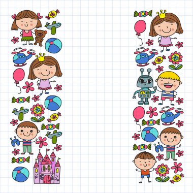 Sevimli küçük çocuklar oynar. Anaokulu, eğitim, spor. Desenler, afişler, posterler için çocuk ve oyuncaklar Simgeleri.