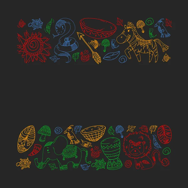 Vektör Afrika elemanları ve çocuklar için hayvanlar giyim, moda, t-shirt. Zebra, maymun, leopar, Jaguar, kuş, fil ile çocuk duvar kağıdı