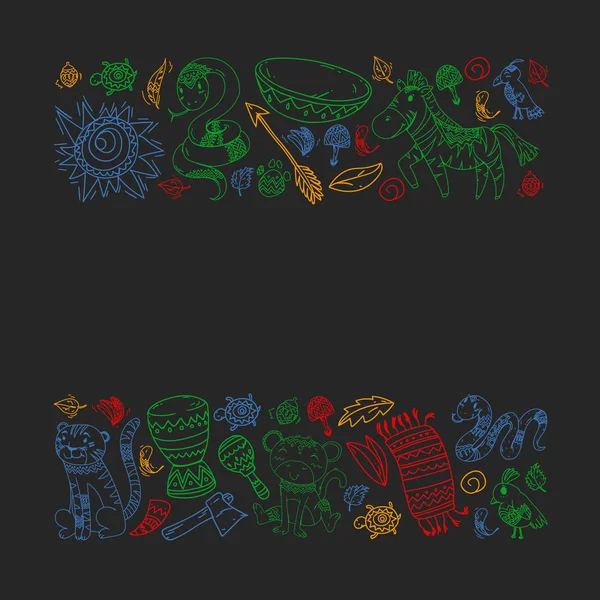 Vektör Afrika elemanları ve çocuklar için hayvanlar giyim, moda, t-shirt. Zebra, maymun, leopar, Jaguar, kuş, fil ile çocuk duvar kağıdı