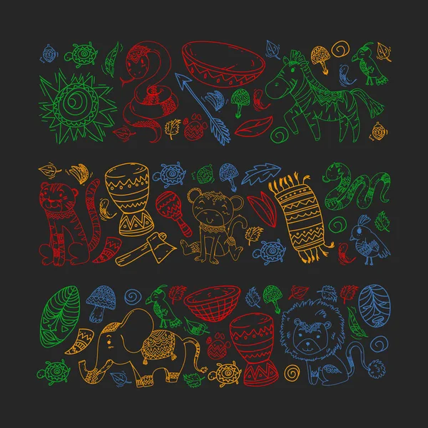 Vektör Afrika elemanları ve çocuklar için hayvanlar giyim, moda, t-shirt. Zebra, maymun, leopar, Jaguar, kuş, fil ile çocuk duvar kağıdı