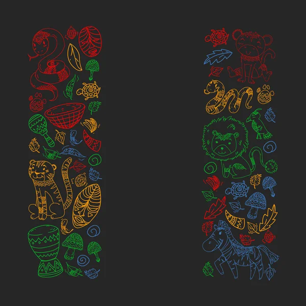 Vektör Afrika elemanları ve çocuklar için hayvanlar giyim, moda, t-shirt. Zebra, maymun, leopar, Jaguar, kuş, fil ile çocuk duvar kağıdı