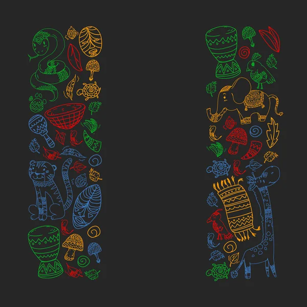 Vektör Afrika elemanları ve çocuklar için hayvanlar giyim, moda, t-shirt. Zebra, maymun, leopar, Jaguar, kuş, fil ile çocuk duvar kağıdı