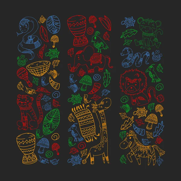 Vektör Afrika elemanları ve çocuklar için hayvanlar giyim, moda, t-shirt. Zebra, maymun, leopar, Jaguar, kuş, fil ile çocuk duvar kağıdı