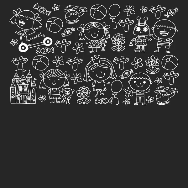 Sevimli küçük çocuklar oynar. Anaokulu, eğitim, spor. Desenler, afişler, posterler için çocuk ve oyuncaklar Simgeleri.