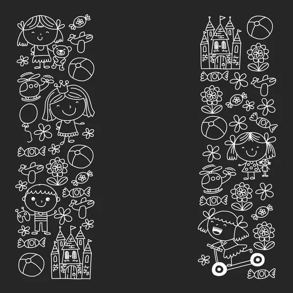 Sevimli küçük çocuklar oynar. Anaokulu, eğitim, spor. Desenler, afişler, posterler için çocuk ve oyuncaklar Simgeleri.