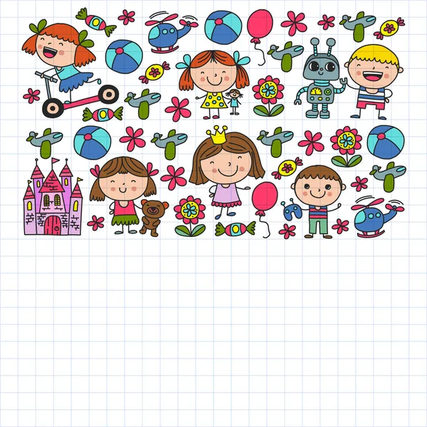 Sevimli küçük çocuklar oynar. Anaokulu, eğitim, spor. Desenler, afişler, posterler için çocuk ve oyuncaklar Simgeleri.