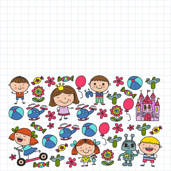 귀여운 어린 아이들이 놀고 있습니다. 유치원, 교육, 스포츠. 패턴, 배너, 포스터에 대한 아이들과 장난감의 아이콘. — 스톡 벡터