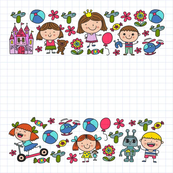 Sevimli küçük çocuklar oynar. Anaokulu, eğitim, spor. Desenler, afişler, posterler için çocuk ve oyuncaklar Simgeleri.