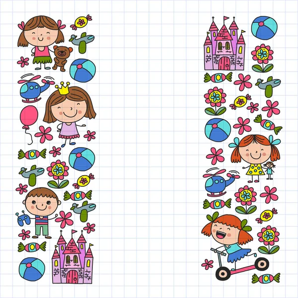 Sevimli küçük çocuklar oynar. Anaokulu, eğitim, spor. Desenler, afişler, posterler için çocuk ve oyuncaklar Simgeleri.