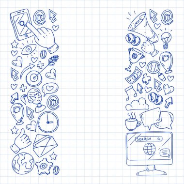 Dijital pazarlama, sosyal medya, iletişim, yönetim. Arka plan afiş için.